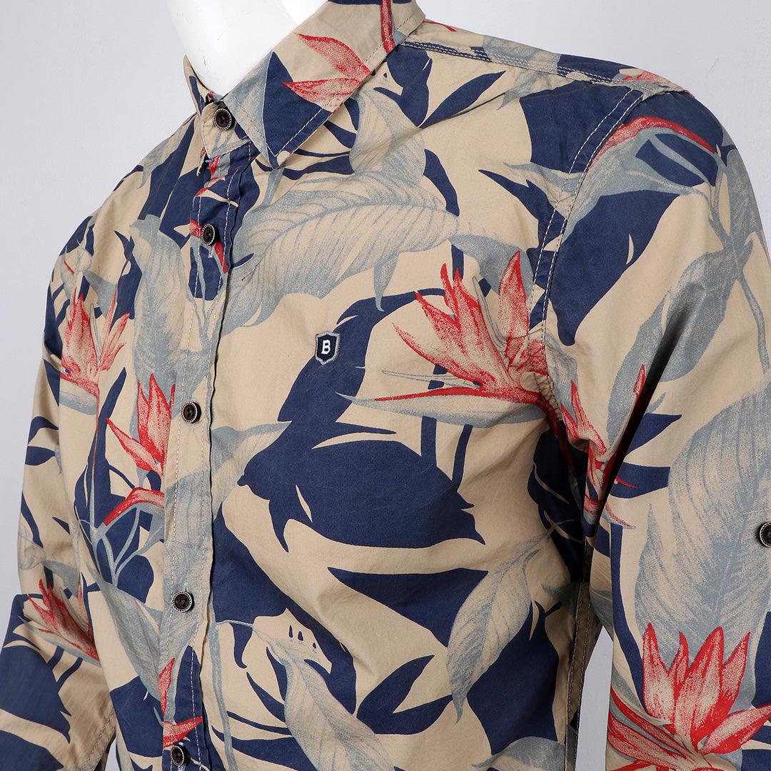 Vintage Floral flower Printed Long Sleeve Slim Fit Button Up Shirt - Obeezi.com