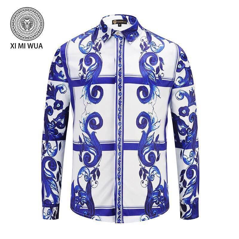 Vintage VE Baroque style silk Blue White shirts - Obeezi.com