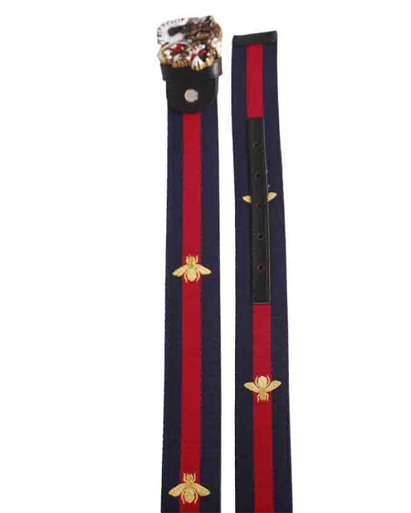 Web Tiger Buckle Belt With Bee Print Navy blue and Red Stripe - Obeezi.com