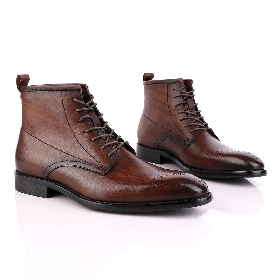Zara High tops Brogues Lace-up Leather Chelsea Coffee Boot - Obeezi.com